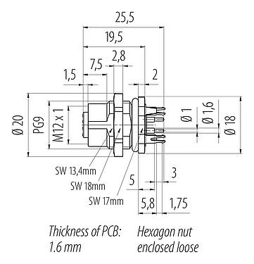 縮尺図 M12 メスパネルマウントコネクタ, 極数: 4, シールド可能, THT, IP67, UL 2238, PG 9, 背面パネルマウント, モールド成形