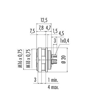 Schaaltekening M16 Female panel mount connector, aantal polen: 5 (05-b), onafgeschermd, THT, IP67, M18x0,75, Achterwandmontage