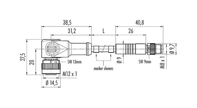 Dessin coté M12/M8 Connecteur mâle - connecteur d‘angle femelle, Contacts: 4, non blindé, surmoulé sur le câble, IP67/IP69K, UL 2238, PUR, noir, 4 x 0,34 mm², 1 m