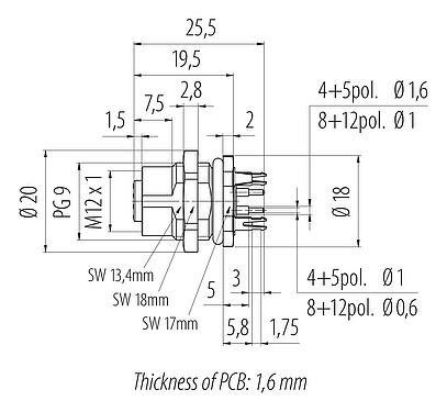 Dessin coté 86 0532 1120 00004 - M12 Embase femelle, Contacts: 4, blindable, THT, IP68, UL 2238, PG 9, Montage mural arrière