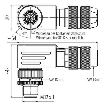 Maßzeichnung M12 Winkelstecker, Polzahl: 4, 5,0-8,0 mm, schirmbar, schraubklemm, IP67, UL 2238, Irisfeder