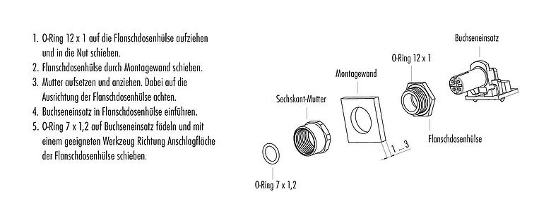 Montageanleitung M12 Flanschstecker, gewinkelt, Polzahl: 4, ungeschirmt, THR, IP68, UL 2238, Rückwandmontage, für die Leiterplattenmontage, zweiteilige Ausführung