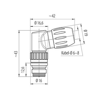 Maßzeichnung Snap-In Winkeldose, Polzahl: 5, 6,0-8,0 mm, ungeschirmt, löten, IP67
