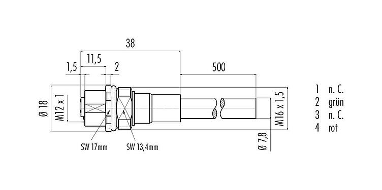 Maßzeichnung M12 Flanschdose, Polzahl: 2, geschirmt, mit Kabel konfektioniert, IP68, M16x1,5, Profibus, PUR, violett, 1 x 2 x 0,25 mm², Frontmontage, 0,5 m
