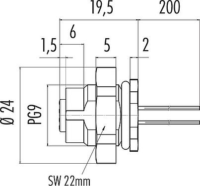 Scale drawing M12 Female panel mount connector, Contacts: 5, unshielded, single wires, IP67, UL 2238, PG 9, Rear mounting