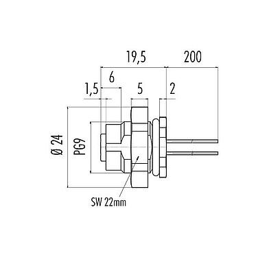 Scale drawing M12 Female panel mount connector, Contacts: 4, unshielded, single wires, IP67, UL 2238, PG 9, Rear mounting