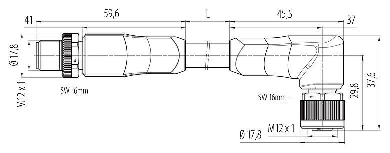 Méretarányos rajz 77 0654 0649 70505-0200 - M12/M12 Kábelre szerelhető csatlakozó - derékszögű aljzat, : 4+FE, árnyékolatlan, kábelre öntött, IP68, PUR, fekete, 5 x 1,50 mm², UL készül, 2 m