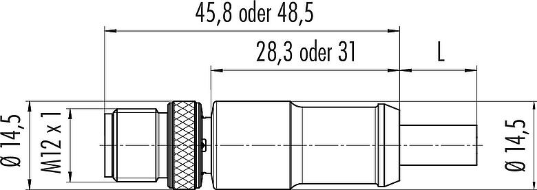 Maßzeichnung M12 Kabelstecker, Polzahl: 4, geschirmt, am Kabel angespritzt, IP67, UL 2238, PUR, schwarz, 4 x 0,34 mm², 2 m