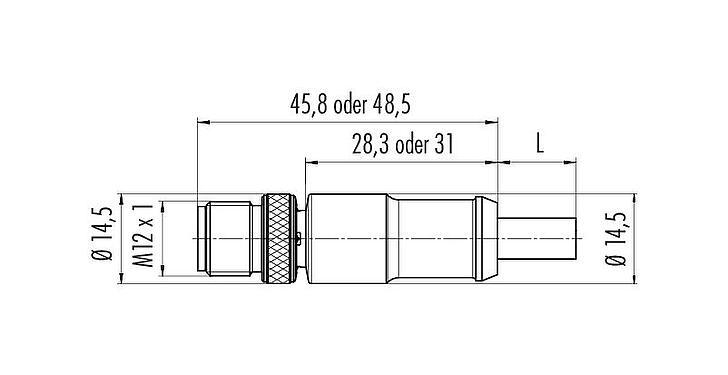 Maßzeichnung M12 Kabelstecker, Polzahl: 8, geschirmt, am Kabel angespritzt, IP67, UL 2238, PUR, schwarz, 8 x 0,25 mm², 2 m