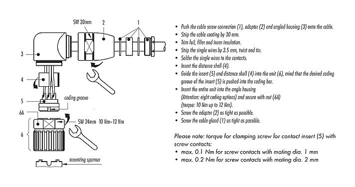 Montagehandleiding M23 Male haakse connector, aantal polen: 12, 6,0-10,0 mm, onafgeschermd, soldeer, IP67