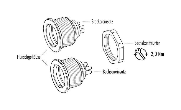 Einzelteildarstellung Push Pull Flanschstecker, Polzahl: 5, ungeschirmt, löten, IP67, M21x1,0, Frontmontage