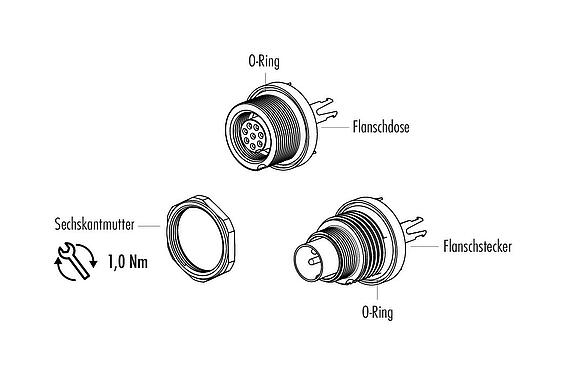 Einzelteildarstellung M9 Flanschdose, Polzahl: 8, schirmbar, THT, IP67, M12x0,5, Rückwandmontage, vergossen