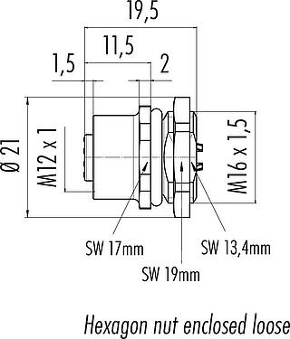Méretarányos rajz M12 panelre szerelhető foglalat, : 8, árnyékolatlan, kézi forrasztású, IP67, UL 2238, M16x1,5, elülső rögzítés