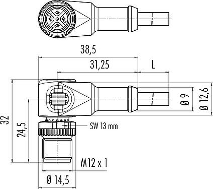 Schaaltekening M12 Male haakse connector, aantal polen: 4, onafgeschermd, aan de kabel aangegoten, IP68/IP69K, UL 2238, PUR, zwart, 4 x 0,34 mm², 2 m