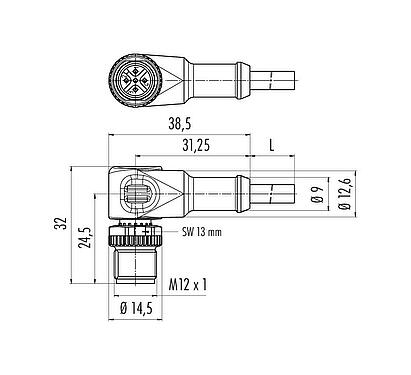 縮尺図 M12 オスアングルコネクタ, 極数: 3, 非シールド, モールドケーブル付き, IP68/IP69K, UL 2238, PUR, 黒, 3x0.34mm², 5m