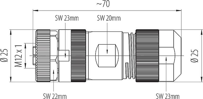 Maßzeichnung M12 Kabeldose, Polzahl: 4+PE, 8,0-13,0 mm, ungeschirmt, schraubklemm, IP67, UL 2238