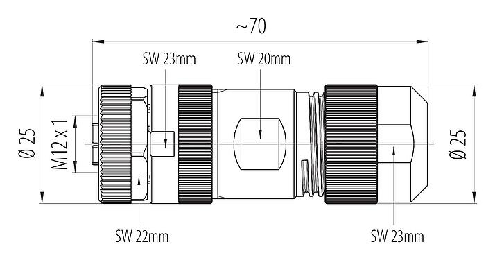 Dessin coté M12 Connecteur femelle, Contacts: 4+PE, 8,0-13,0 mm, non blindé, pince à visser, IP67, UL 2237 en préparation, avec connexion PE