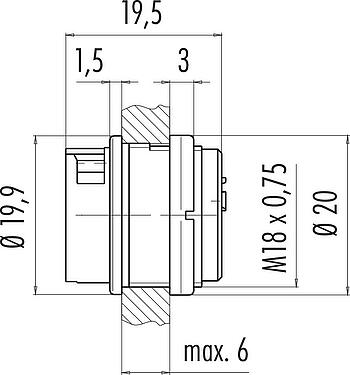 Scale drawing Bayonet Female panel mount connector, Contacts: 3, unshielded, solder, IP40, M18x0,75, Front mounting