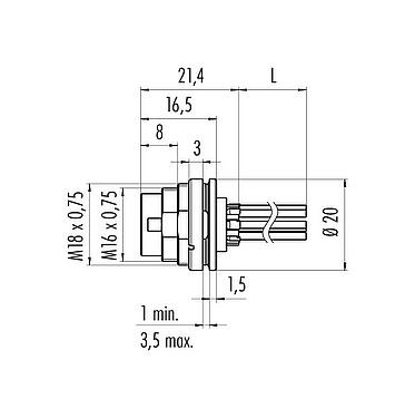 Dessin coté M16 Embase mâle, Contacts: 4 (04-a), non blindé, fils, IP67, UL 2238, M18x0,75, Montage mural arrière