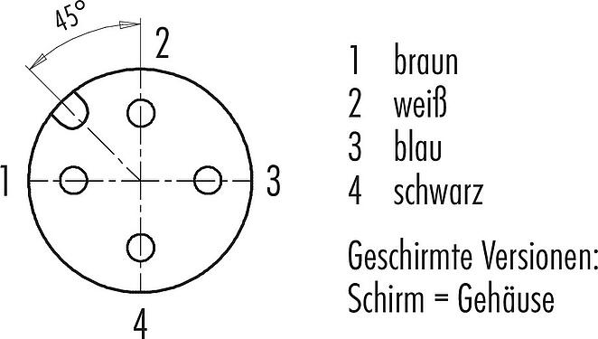 Polbild (Steckseite) M12 Kabeldose, Polzahl: 4, geschirmt, am Kabel angespritzt, IP67, UL 2238, PVC, grau, 4 x 0,34 mm², 5 m