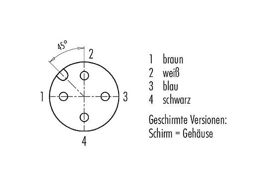 Polbild (Steckseite) 77 3534 0000 50704-0200 - M12 Winkeldose, Polzahl: 4, geschirmt, am Kabel angespritzt, IP67, UL, PUR, schwarz, 4 x 0,34 mm², 2 m