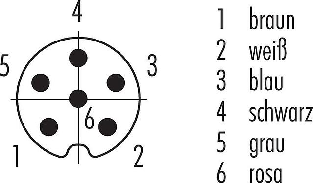 Polbild (Steckseite) M8 Flanschstecker, Polzahl: 6, ungeschirmt, Litzen, IP67/IP69K, UL 2238, M8x0,5, Frontmontage, vergossen