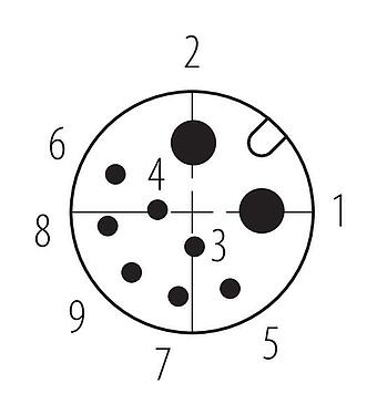 Uspořádání kontaktů (strana zástrčky) M12 Instalační zástrčka, : 2+7, pájka, IP67 zapojený a uzamčení, Přední montáž