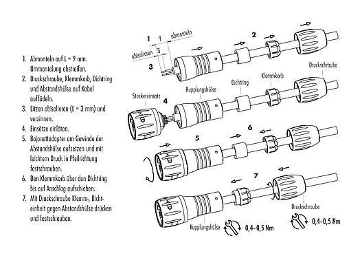 Montageanleitung Bajonett Kabelstecker, Polzahl: 8, 2,5-4,0 mm, ungeschirmt, löten, IP67