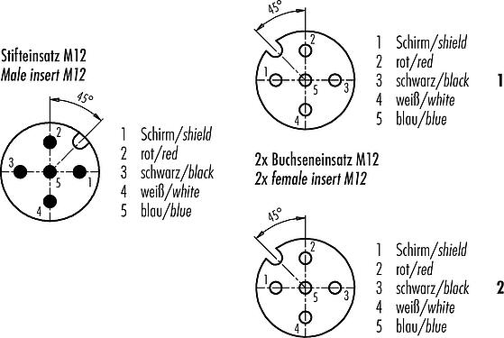 Uspořádání kontaktů (strana zástrčky) M12 Kabelový rozbočovač zástrčka - 2 kabelová zásuvky, : 5, stíněné, vylisované na kabelu, IP67, CAN-Bus, PUR, fialová, 1 x 2 x AWG 22 + 1 x 2 x AWG 24, 1 m