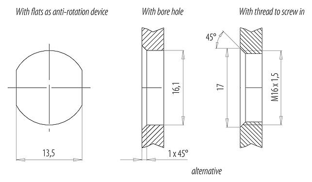 Instructions de montage / Découpe du panneau M12 Embase mâle, Contacts: 5, non blindé, fils, IP68, UL 2238, M16x1,5, Montage frontal, coulé