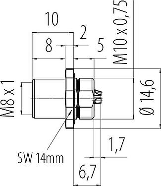 Bản vẽ tỷ lệ M8 Ổ cắm gắn bảng, Số lượng cực : 3, hàn, IP67/IP69K, M10x0,75, Gắn phía trước, với cốc hàn