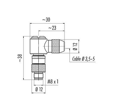 Scale drawing 99 3367 00 04 - M8 Male angled connector, Contacts: 4, 3.5-5.0 mm, shieldable, solder, IP67, UL