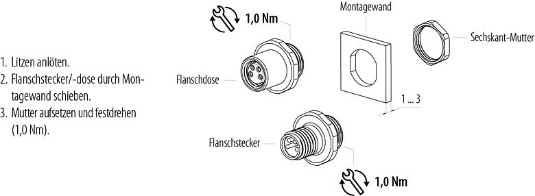 Montageanleitung M8 Flanschstecker, Polzahl: 3, löten, IP67/IP69K, M10x0,75, Frontmontage, mit Lötkelchen