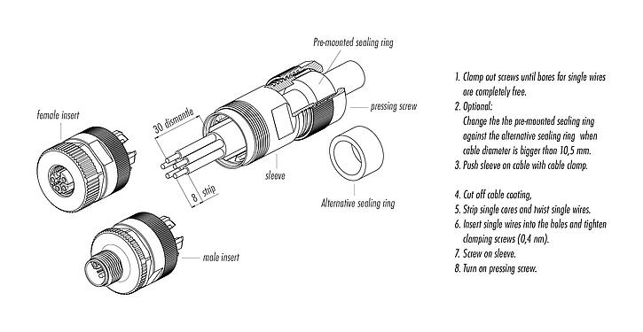 Assembly instructions 99 0640 37 05 - M12 Female cable connector, Contacts: 4+FE, 8.0-13.0 mm, unshielded, screw clamp, IP67, M12x1.0, UL 2237 in preparation, with PE connection