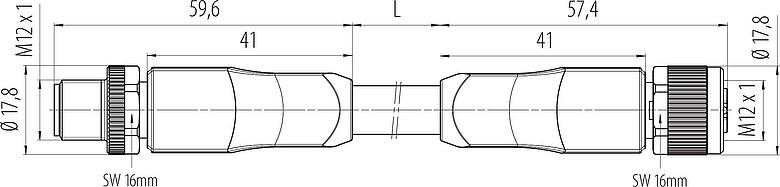 Schaaltekening M12 Kabelstekker - kabeldoos, aantal polen: 4+PE, onafgeschermd, aan de kabel aangegoten, IP68, UL 2238, PUR, zwart, 5 x 1,50 mm², UL in voorbereiding, 2 m
