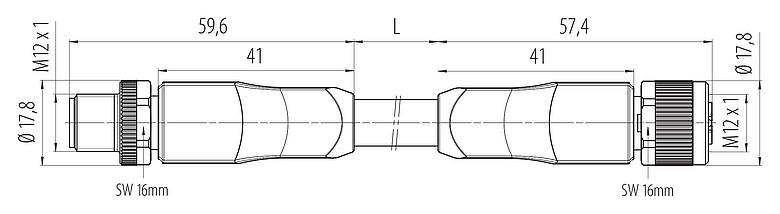 Dessin coté M12 Connecteur mâle - connecteur femelle, Contacts: 4+PE, non blindé, surmoulé sur le câble, IP68, UL 2238, PUR, noir, 5 x 2,50 mm², UL en préparation, 5 m