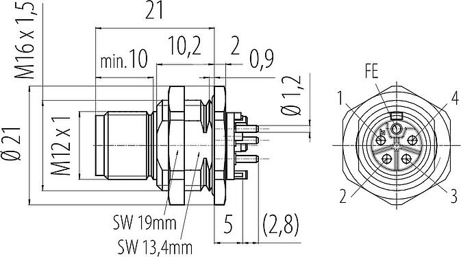 Schaaltekening M12 Male panel mount connector, aantal polen: 4+FE, onafgeschermd, THR, IP67, UL 2238, M16x1,5, Achterwandmontage