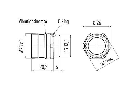 Maßzeichnung M23 Flanschdose, Polzahl: 6, ungeschirmt, löten, IP67
