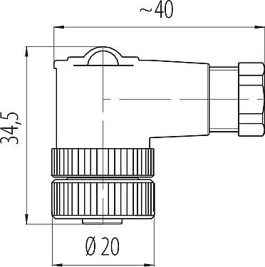 Méretarányos rajz M12 derékszögű aljzat, : 2+PE, 4,0-6,0 mm, árnyékolatlan, csavaros bilincs, IP67