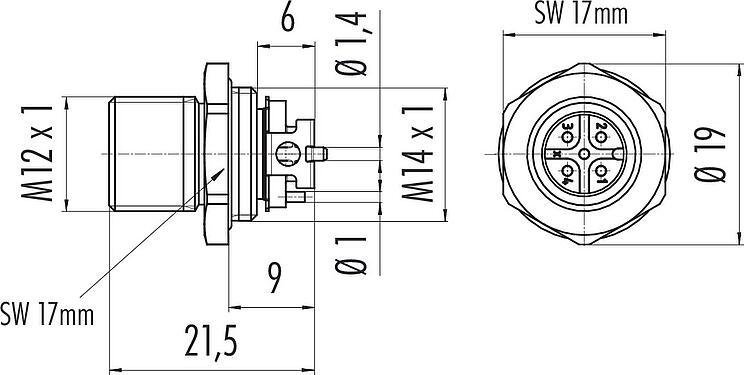 Maßzeichnung M12 Flanschstecker, Polzahl: 5, ungeschirmt, SMT, IP67, M12x1,0, Frontmontage