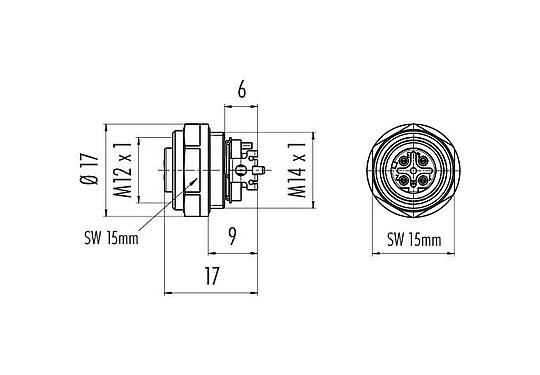 Scale drawing 99 3732 401 04 - M12 Female panel mount connector, Contacts: 4, shieldable, SMT, IP67