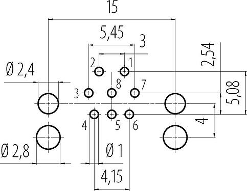 Bố trí dây dẫn M12 Phích cắm gắn bảng, bẻ góc, Số lượng cực : 8, không có chống nhiễu, THR, IP68, UL 2238, Chốt trung tâm, Để gắn PCB