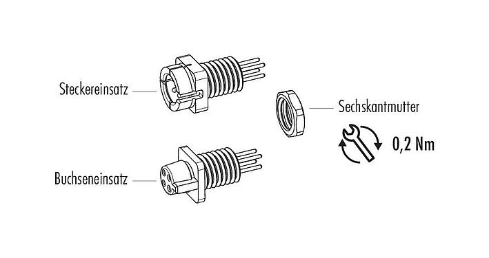 Einzelteildarstellung Snap-In Flanschdose, Polzahl: 5, ungeschirmt, THT, IP40, 1/4" 28 UNF, Frontmontage