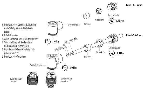 Montageanleitung M12 Winkelstecker, Polzahl: 2+PE, 6,0-8,0 mm, ungeschirmt, schraubklemm, IP67, UL