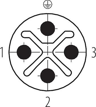 Polbild (Steckseite) M12 Kabelstecker, Polzahl: 3+PE, 8,0-10,0 mm, ungeschirmt, schraubklemm, IP67, UL 2238, VDE