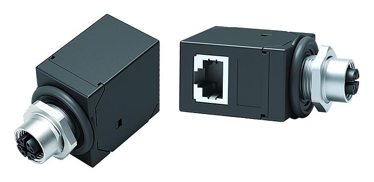 일러스트 M12 제어 캐비닛 부싱, 소켓 - RJ45 각진, 콘택트 렌즈: 8, 쉴드, 플러그형, IP67, UL, 후면 월 마운팅