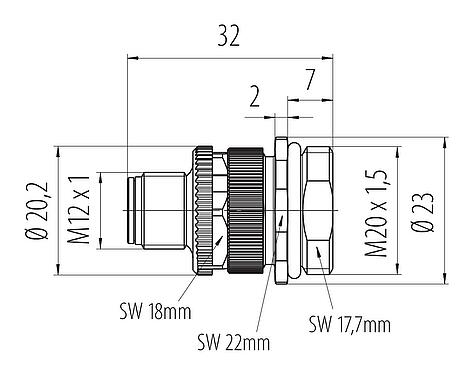 Výkres v měřítku M12 Přírubová zátka, : 3+PE, nestíněný, šroubovací svorka, IP68, UL 2238, VDE, M20x1,5, Přední montáž, pro napájení (Power)