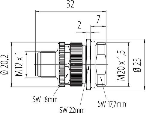 Schaaltekening M12 Male panel mount connector, aantal polen: 3+PE, onafgeschermd, schroefklem, IP68, UL 2238, VDE, M20x1,5, Frontaansluiting, voor vermogenstoepassingen (Power)