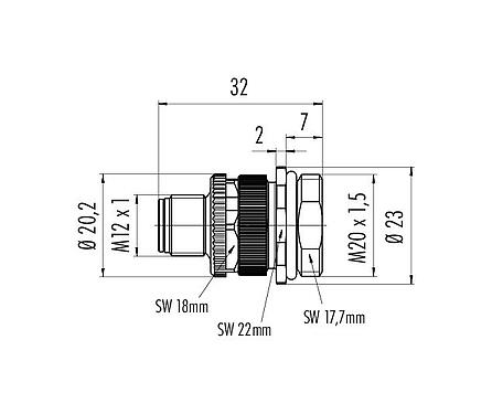 Scale drawing 99 0693 500 04 - M12 Male panel mount connector, Contacts: 3+PE, unshielded, screw clamp, IP68, UL, VDE, M20x1.5, for the power supply