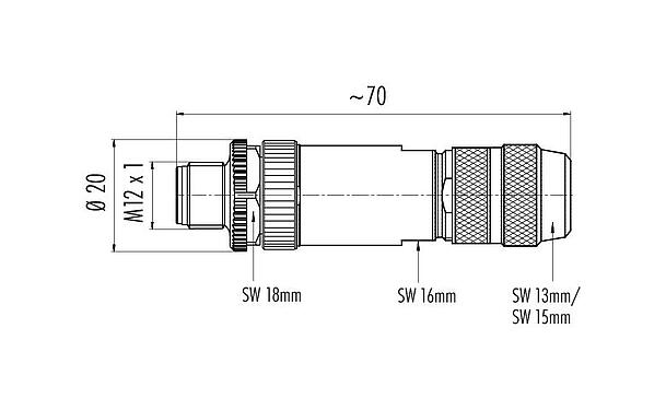 Desenho da escala 99 1533 810 05 - M12 Plugue de cabo, Contatos: 5, 5,0-8,0 mm, blindável, braçadeira de arame, IP67